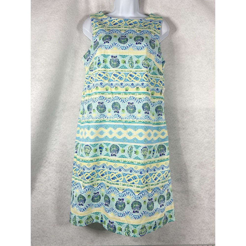 Talbots Dress Women Petite 8P Blue Yellow Sheath Sleeveless Shell Print Bow New